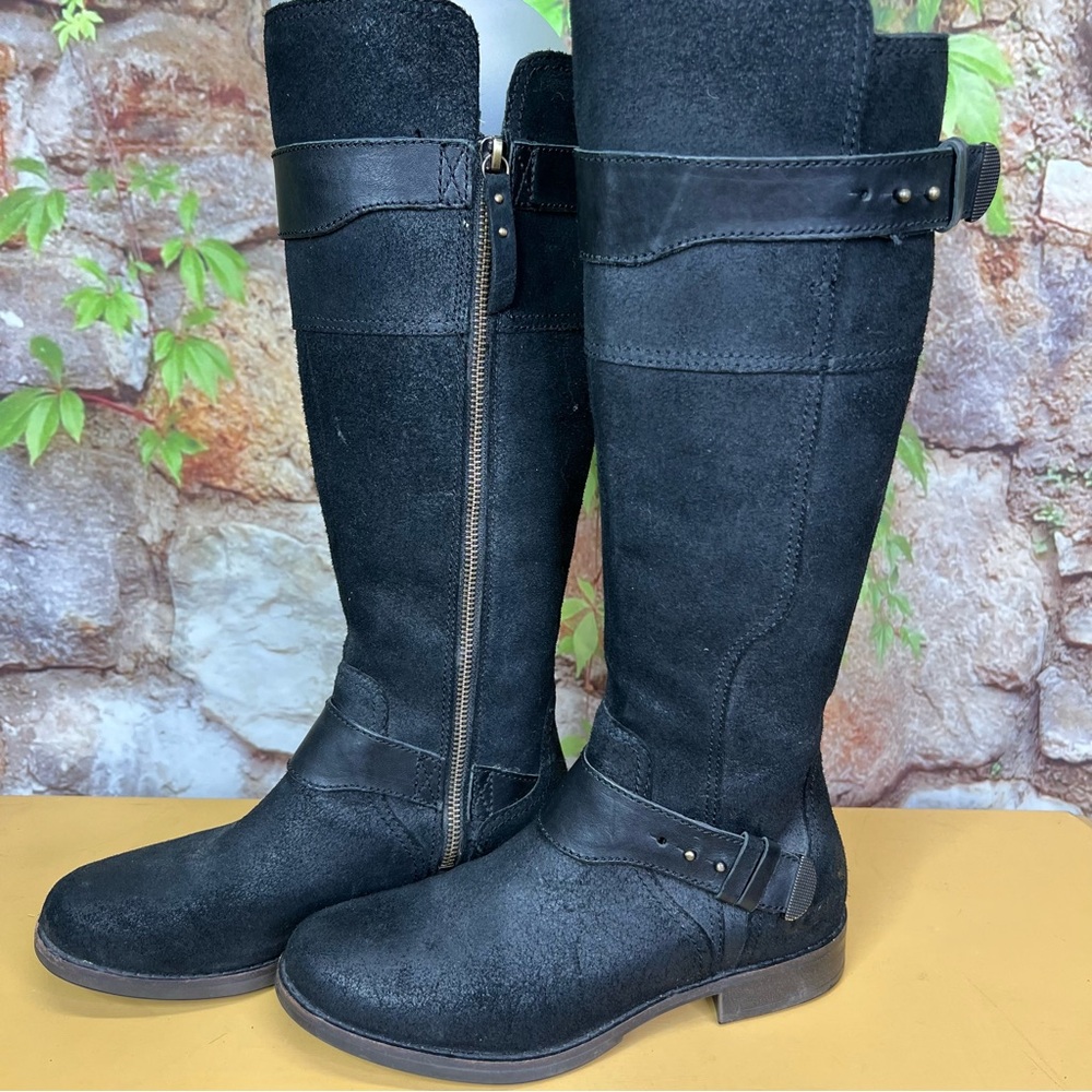 UGG Black Leather and Suede Shearling Sole Moto Style Zip Riding Boots, 6.5 - Picture 3 of 13